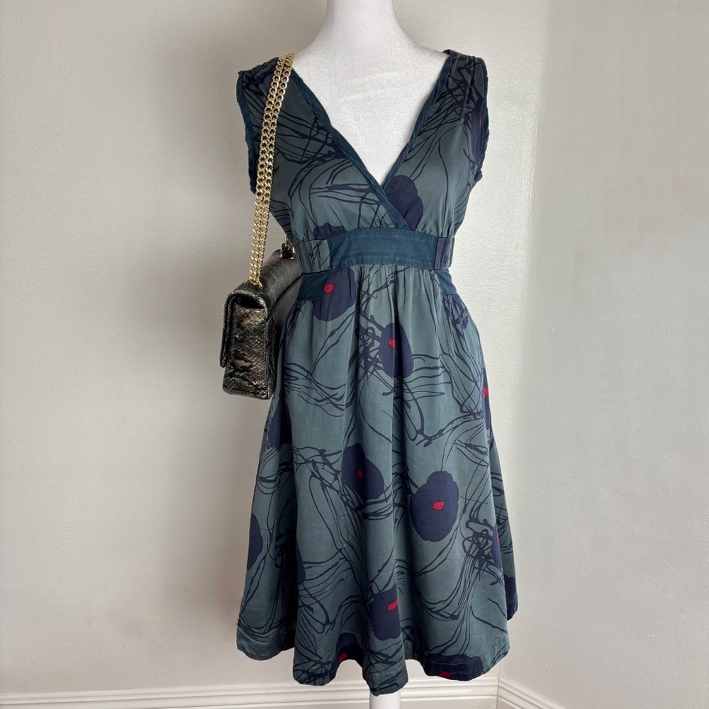 Marc Jacobs Silk Cotton Navy Abstract Floral Midi Dress Size 2